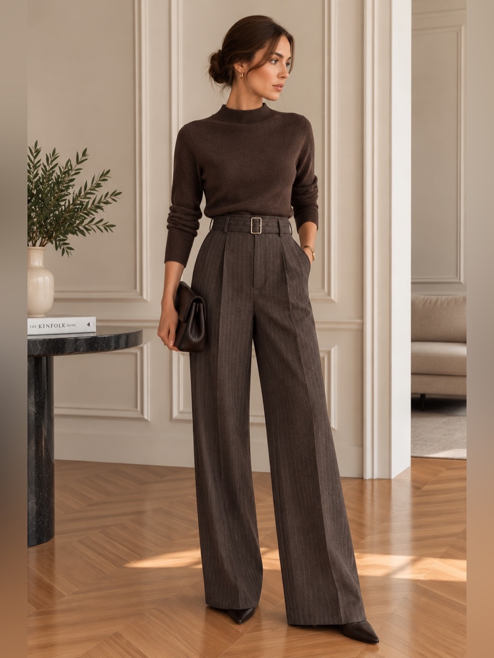 Commense Brown Pinstripe Belted Wide Leg Pants XS | Tailored